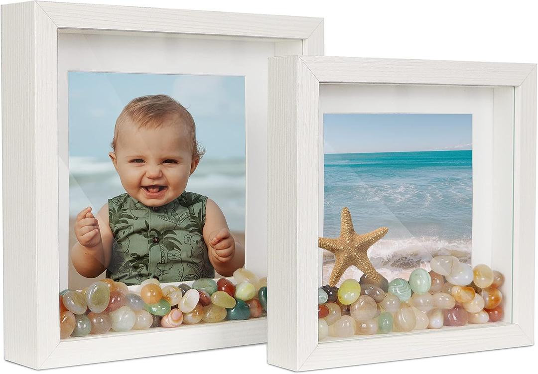 White Shadow Box Frame 8x8 7x7 Square Box Frame with Mat, for 5x5 6x6 Pictures, for Wall and Tabletop Gift for Christmas, New Year, Birthday, Anniversary, Mother's Day, Set of 2