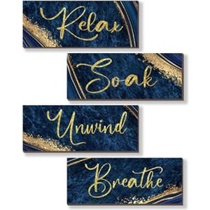 ONIZHITY 4 Pcs Blue and Gold Bathroom Decor Navy Blue Gold Wall Decor Relax Soak Unwind Breathe Wooden Rustic Marble Style Versatile Bathroom Accessories for Bedroom Living Room Decor(10X4)