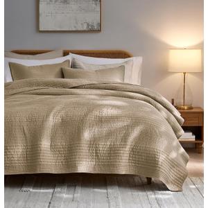 palassio Striped Dark Beige 100% Cotton Quilt Queen Size Bedding Sets, Lightweight Crinkly Channel Pick Stitch Textured Bedspread Soft Shabby Chic Farmhouse Country Coverlet for All Season, 2 Shams