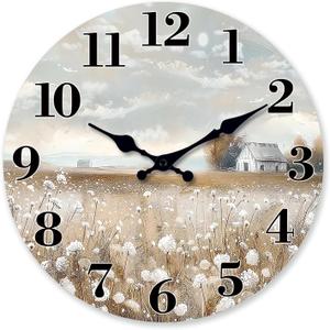 XFM Farmhouse Wall Clock for Living Room Decor 20 Inch Battery Operated Silent Non-Ticking Kitchen Wall Clocks Rustic Country Flower Field Decorative Clock (Beige)