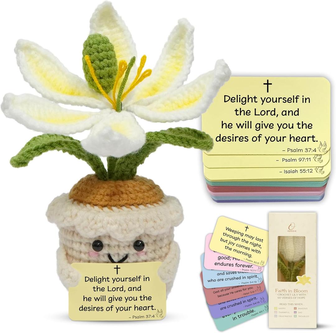 OASSIE Christian Gifts for Women - Positive Crochet Flower with 60 Bible Verses Prayer Cards - Religious Easter Spiritual Birthday Encouragement Gifts for Women Adults Mom Friend Kids Sister Teens