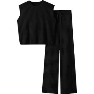 Imily Bela Womens 2 Piece Outfits Sleeveless Ribbed Knit Tops Wide Leg Pants Summer Vacation Sweater Matching Lounge Sets (Black)