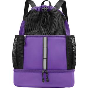 PinCute Drawstring Gym Bag for Men/Women - Mesh Beach Swim Bags Sports Backpack with Wet Pocket&Shoe Compartment, Lightweight (Purple)