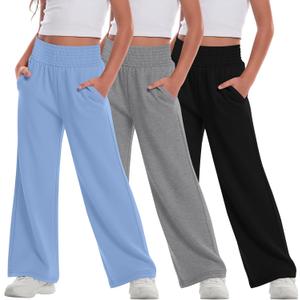 3 Pack Girls Flowy Wide Leg Pants Summer Lightweight Pants High Elastic Waist Loose Uniform Trousers Size: 5-6 Years