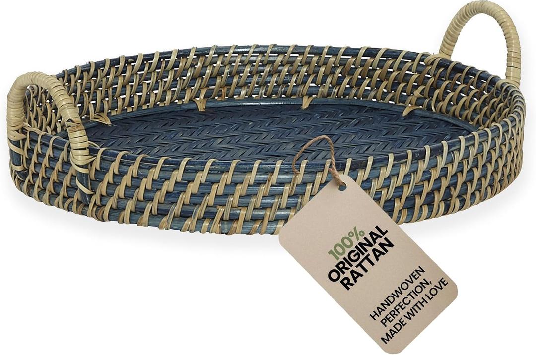 | Round Rattan Serving Tray with Handles | Handmade Woven Cane Basket Tray for Coffee Table, Kitchen & Home Dcor | Large (14" X 14" x 2" inch) | Navy Blue
