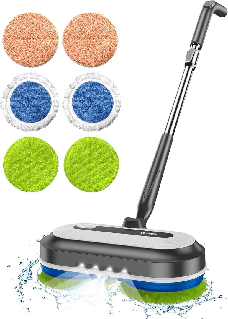 Cordless Electric Mop, Electric Spin Floor Mop with LED Headlights & Water Sprayer, Long-Lasting Battery, Large 290ml Tank, Self-Propelled Floor Cleaner with Adjustable Tube for All Floors (White)