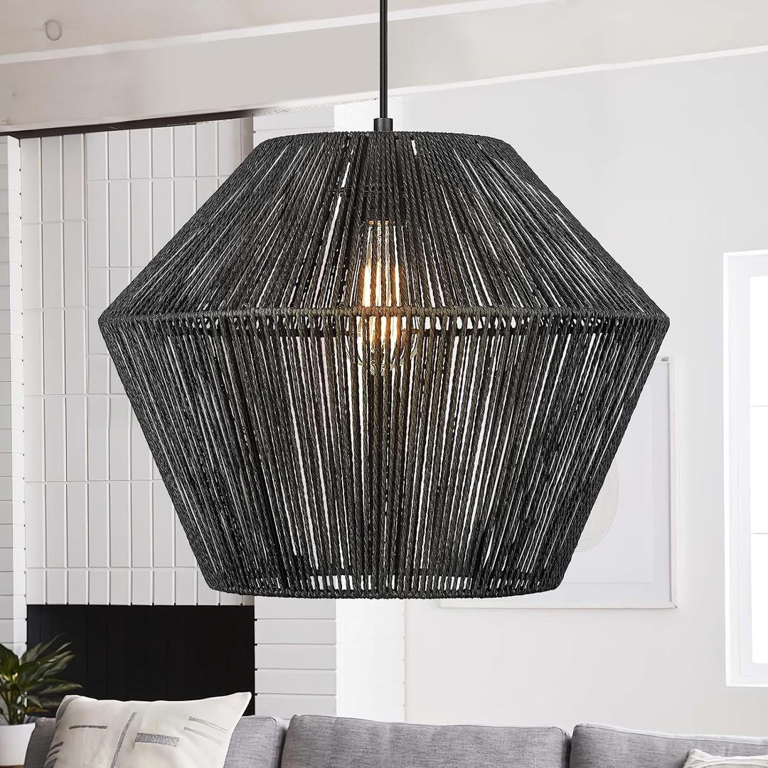 ELYONA 16.5” Large Modern Woven Chandelier Farmhouse Coastal Pendant Light Fixtures Matte Black Handwoven Rattan Basket Shade Boho Pendant Hanging Lamp for Kitchen Dining Room Bedroom Foyer Hallway