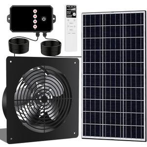 10-Inch 15W Solar Fan with Timer & Remote, Reversible Intake Exhaust Vent System for Chicken Coop, Greenhouse & Shed, Aluminum 6-Speed Airflow with 17ft Cable