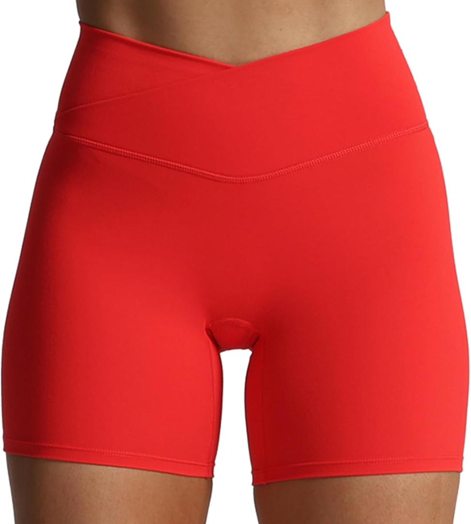 Aoxjox Trinity Workout Biker Shorts for Women Cross-Waist Crossover High Waisted Tummy Control Athletic Running Yoga Short 6" (Medium, Racing Red)