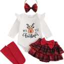 FYBITBO Newborn Baby Girl Christmas Outfits Cute Letter Romper Ruffle Plaid Skirt Dress Infant Christmas Outfit Clothes Set (6-9 Months)