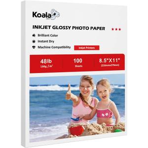 Koala Glossy Inkjet Photo Paper 8.5X11 Inches 48lb 100 Sheets Professional Glossy Photographic Paper Compatible with Inkjet Printer Use DYE INK 180GSM Koala Glossy Inkjet Photo Paper 8.5X11 Inches 48lb 100 Sheets Professional Glossy Photographic Paper Compatible with Inkjet Printer Use DYE INK 180GSM