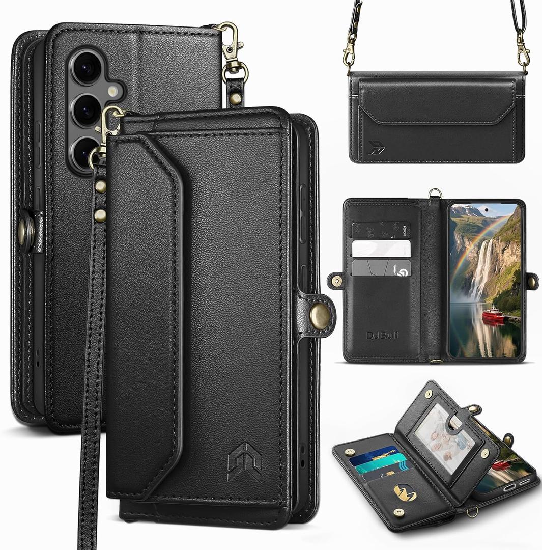 DJBull for Samsung Galaxy S25 Plus Wallet Case with Card Holder, Shoulder and Wristlet Straps, Soft PU Leather, Magnetic Snap, Flip Phone Case for Women Men for Samsung S25 Plus Black