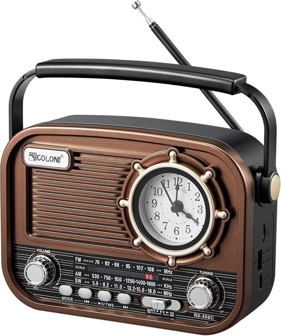 Gelielim Portable Radio AM FM, Vintage Retro Bluetooth 5.3 Speaker, Shortwave Radio Support TF Card/USB, Battery Powered, Gift for Elderly, Retro Vintage Decor for Home, Brown