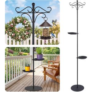1 Set Upgraded 75.9" Shepherds Hook for Bird Feeder, Hanging Plant Wind Chime Stand, Metal Adjustable Standing Pole Holder for Indoor Outdoor, with 2 Rack & Weight Bag (Retro 2 Hooks)