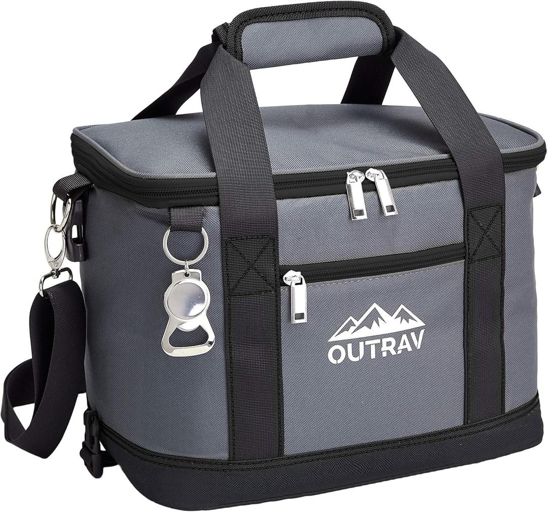 Collapsible Insulated Cooler Bag  6L Thermal Lunch Bag with Bottle Opener, 16 Can Capacity  Perfect For Camping, Picnics and Travel - Handles and Removable Shoulder Strap - By Outrav (Grey with Black Trim)