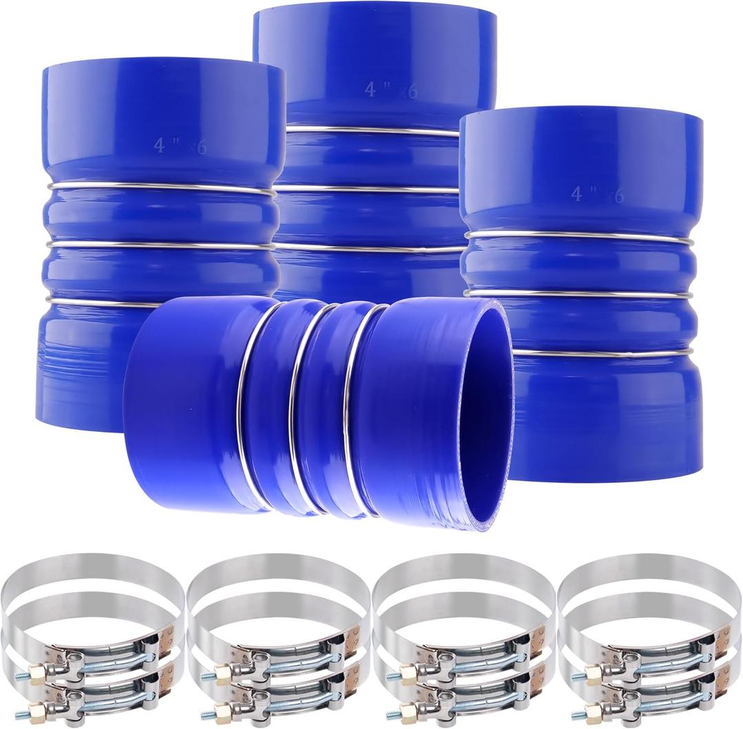 4" X 6" Silicone Charge Air Cooler Hump Hose with T-Bolt Clamps Set, 4 inch ID Turbo, Air Intake and Intercooler CAC Hose Kit for Semi Trucks,4PCS Blue