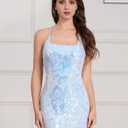 Women's Spaghetti Straps Sparkly Sequins Bodycon Mini Dress Party Nightclub (Blue, L)