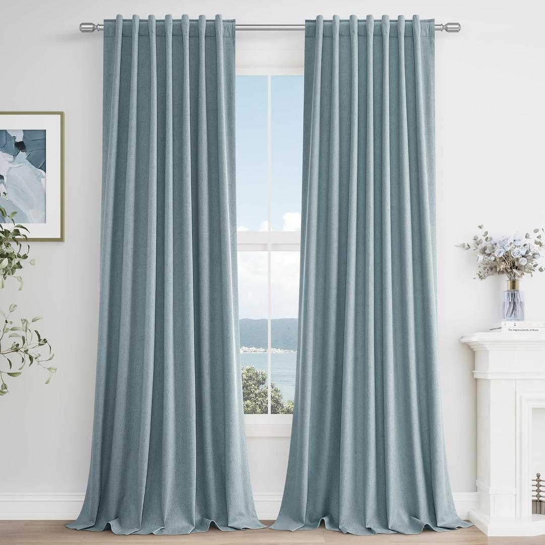Guken Blue Linen Blackout Curtains 90 Inch Length 2 Panels Set for Living Room Bedroom Back Tab Thermal Insulated 100% Black Out Linen Drapes Room Darkening Window Curtains 90 Inches Long Dusty Blue