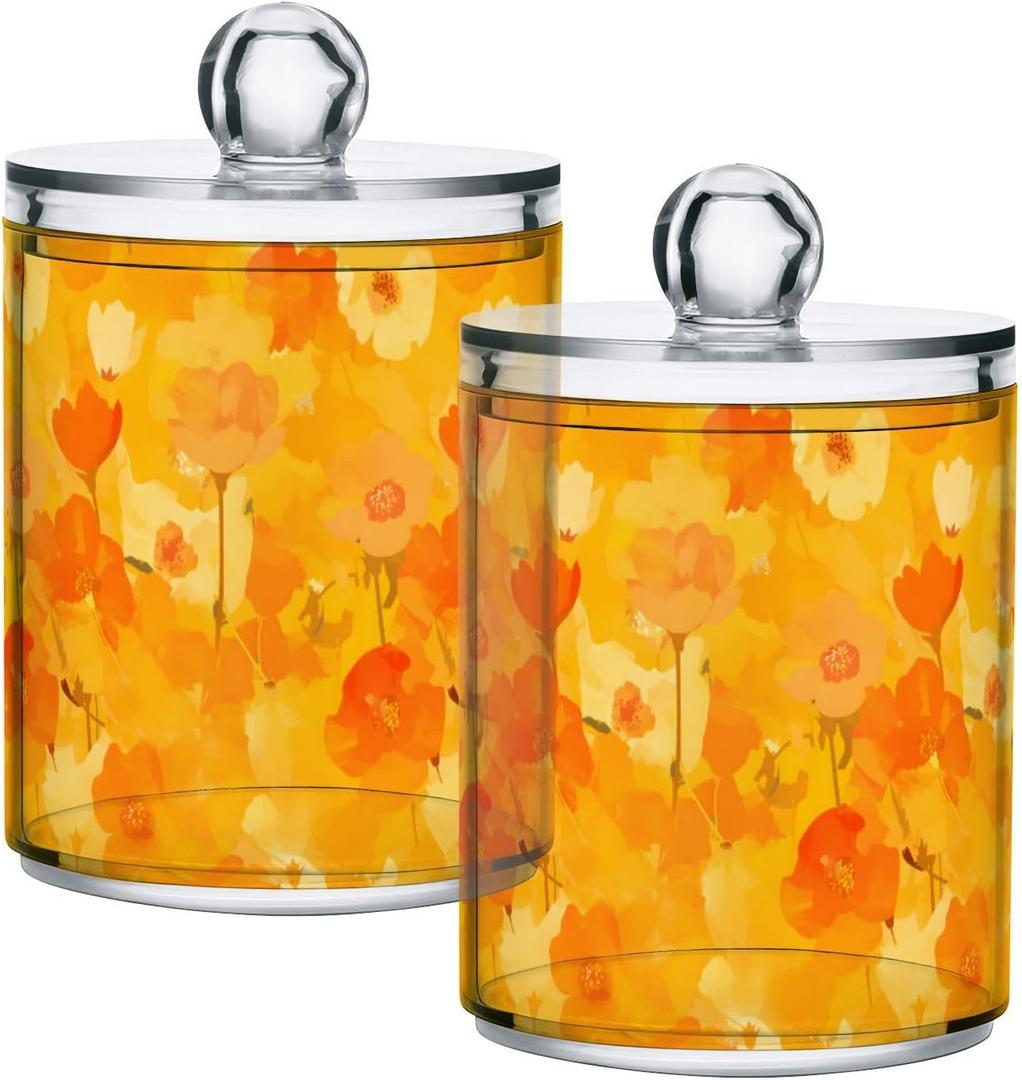 2 Pack Qtip Holder Organizer Dispenser Flower Yellow Orange Poppy Bathroom Storage Canister Cotton Ball Holder Container for Cotton Pads/Swabs/Floss