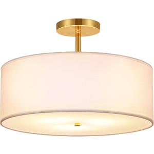 FRIDEKO HOME 3-Light Semi Flush Mount Ceiling Light Fixture, 15.74" Gold Drum Light, Modern Close to Ceiling Light with White Fabric Shade Lamps for Bedroom Living Room Kitchen Hallway Entryway Foyer