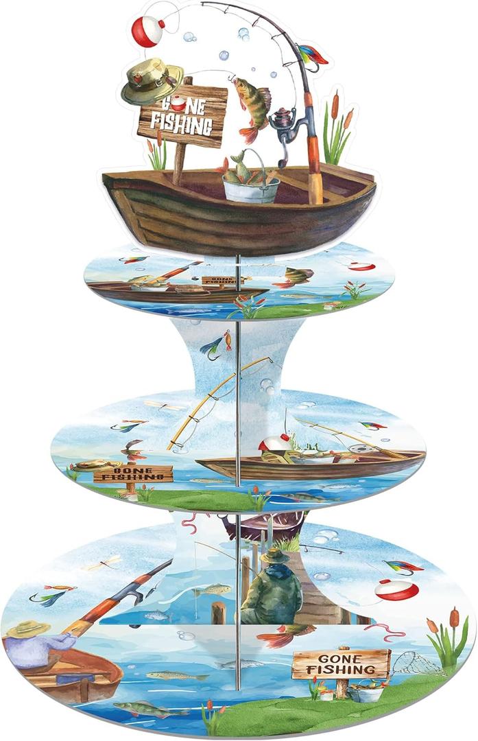 2 x Fishing Birthday Party Decorations Cupcake Stand, 3 Tier Gone Fishing Funny Cardboard Cupcake Display Stand Dessert Tower, Angler Birthday Party Supplies