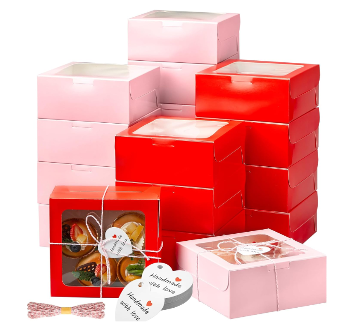 Maxcheck 50 Pcs Red Pink Bakery Boxes with Window 6x6x3 Inch Pink Red Cookie Treat Dessert Cupcake Charcuterie Box with Rope and Card for Valentines Teacher Wedding Baked Goods Giving Gift