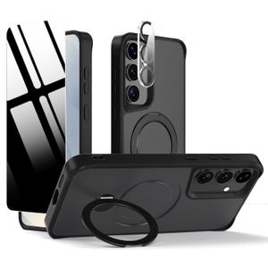 Privacy Case for Samsung Galaxy S25 /S24,360 Rotated Magnetic Ring Stand Phone Case with Privacy Screen Protector & Camera Cover,[Compatible with Magsafe] Shockproof Samsung S 25/S 24 Cover,Black