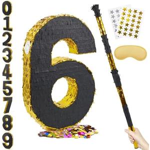 PCFING 20 Inch Number 6 Piñata Gold Black with 30 Inch Piñata Stick Blindfold Confetti for Man Women Kids Birthday Party Decorations, Anniversary Celebration, Fiesta