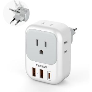 TESSAN European Travel Plug Adapter, Europe Adapter with 4 Outlets and 3 USB(1 USB C PD 20W), International Foldable Plug Type C Power Adaptor for EU Spain France Italy Germany Portugal Iceland