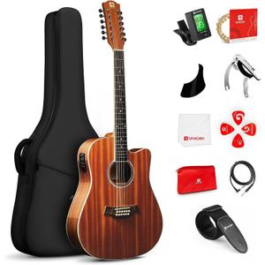 Vangoa 12 String Guitar Acoustic Electric, Upgraded Guitar 12 Strings Bundle for Beginner Intermediate Adults Teens, Guitarra de 12 Cuerdas, Sapele Body Bone Nut, Brown Glossy