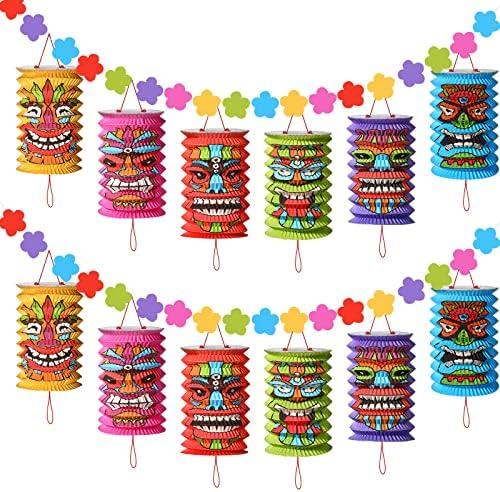 Hawaiian Luau Party Decorations Tiki and Flowers Lanterns Banners Tiki Luau Tropical Decor Summer Garland Lanterns Aloha Hanging Decoration for Summer Bars Festival Hawaiian Themed Parties(2 Pcs)