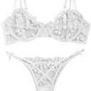Lilosy Sexy Cute Underwire Push Up Strappy Heart Embroidered Mesh Sheer Lingerie Set for Women See Through Bra and Panty 2 Piece Bow White, Size: Large