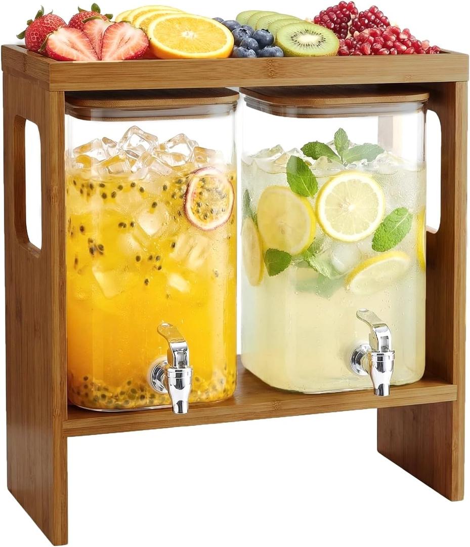 2 PCS 1.2 Gallon Drink Dispenser, Glass Beverage Dispenser with Wood Stand and Detachable Food Platter, Party Drink Dispensers for Lemonade, Juice, Tea, Ice Coffee