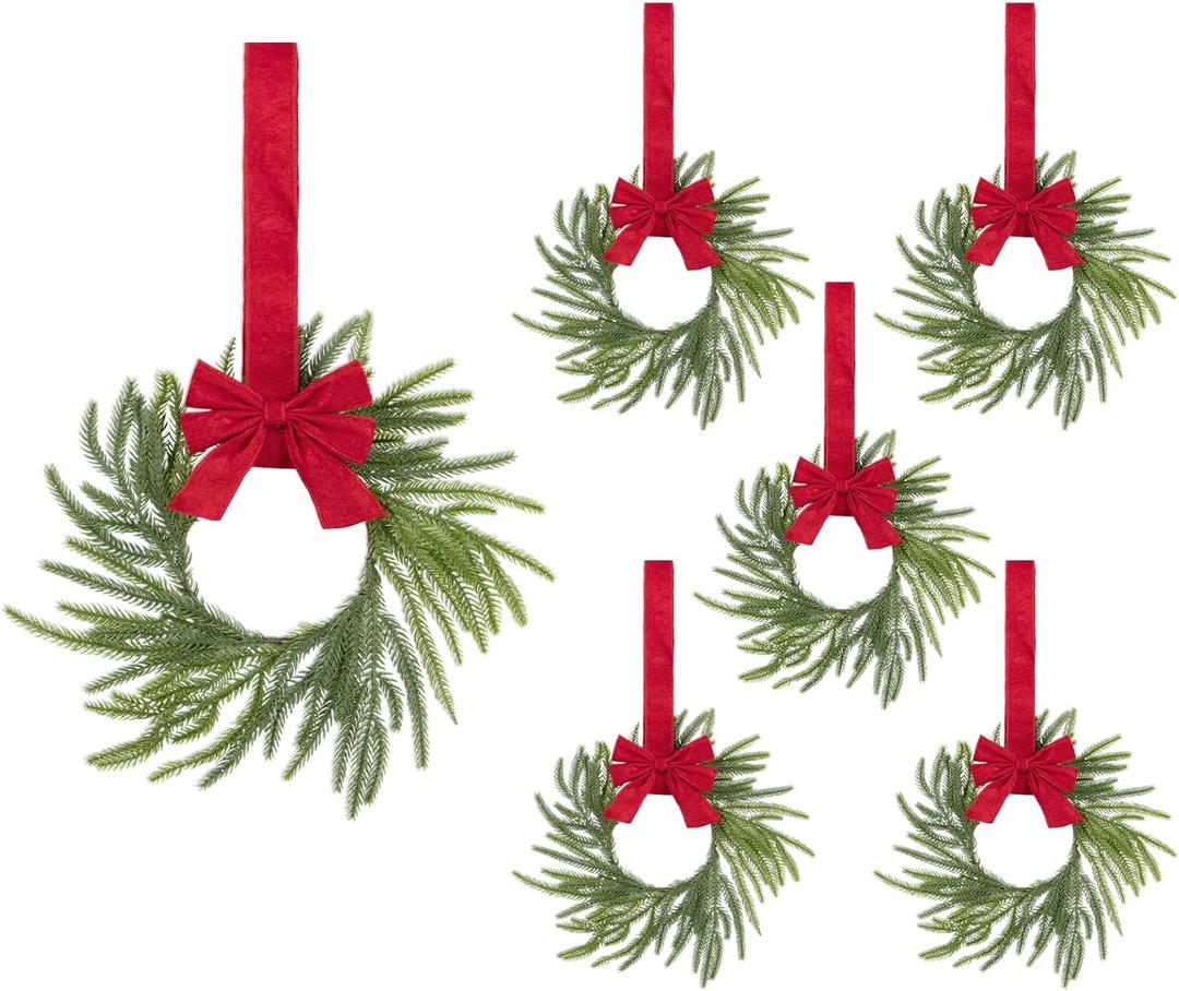 SHACOS 6 Pcs Small Christmas Norfolk Wreath 12 Inch Kitchen Cabinet Mini Wreaths Greenery Pine Needle Wreath with Red Ribbon Bow for Cabinet Xmas Window Wall Chair Decor