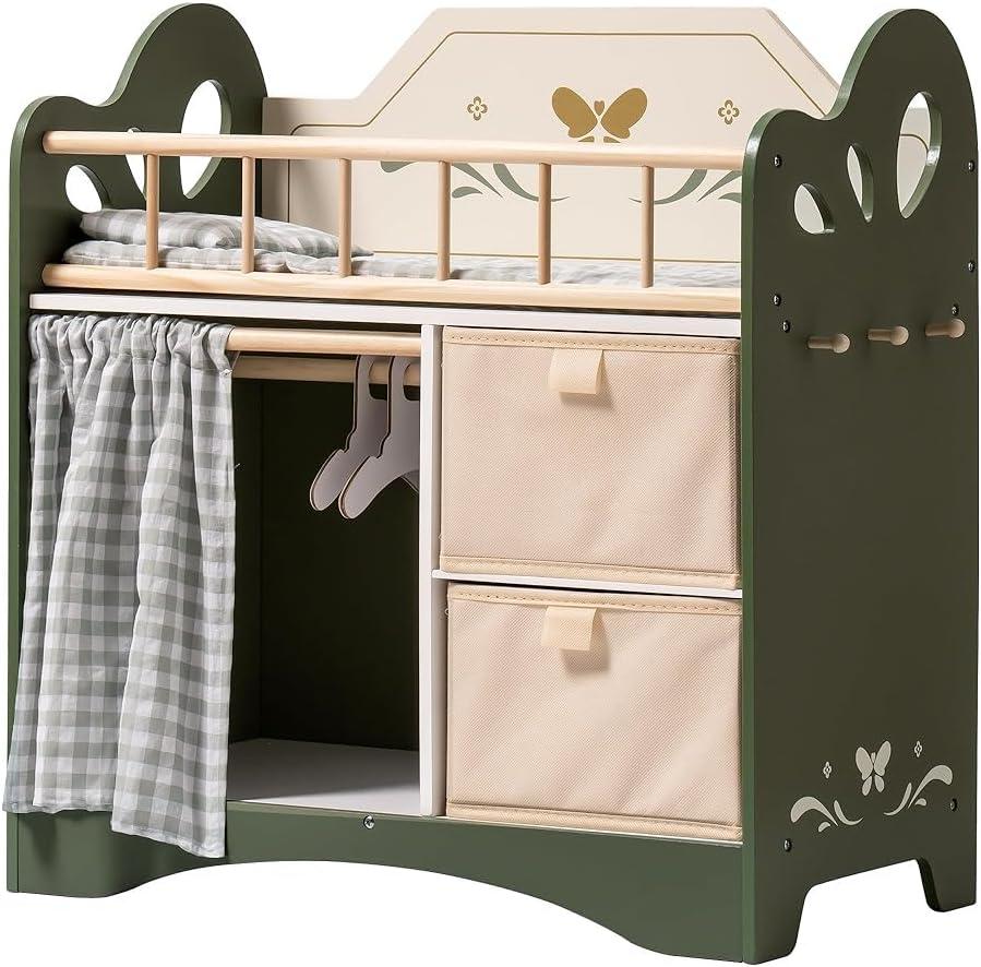 ROBUD Baby Doll Bed,Doll Bed with Storage and Bedding, Sturdy Baby Doll Cribs for Girls,Nice Gift of Doll Beds for 18 Inch Dolls to Children, Green, Large