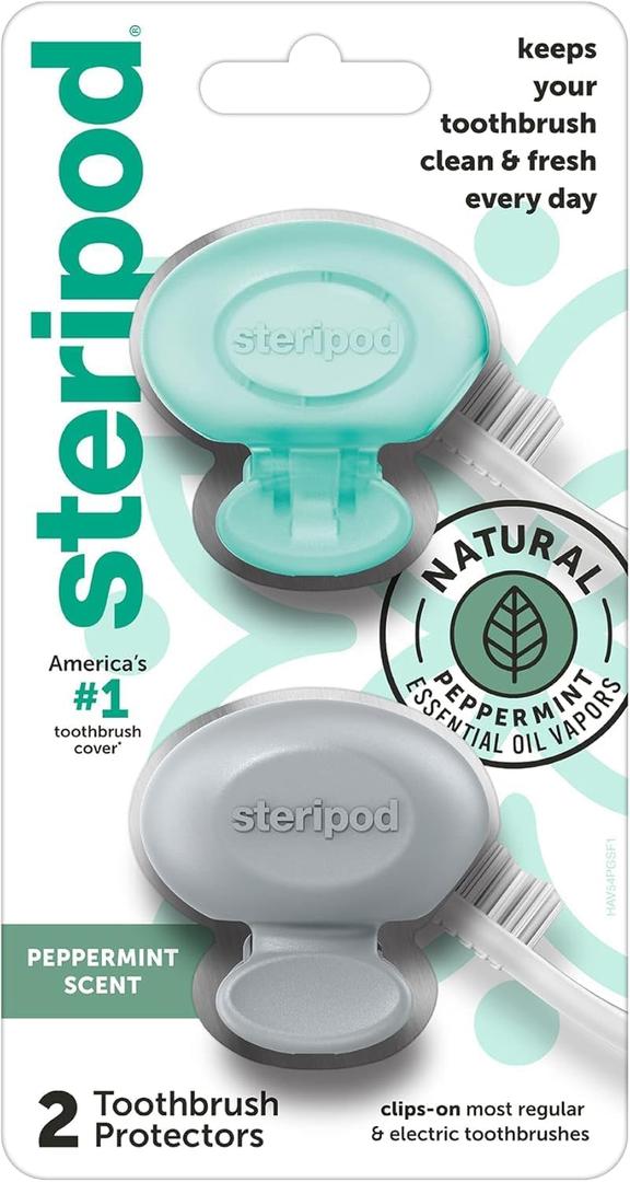 Steripod Clip-On Toothbrush Protector with Peppermint Essential Oils, Keeps Toothbrush Fresh and Clean, Travel Accessories, Fits Most Manual and Electric Toothbrushes, 2 Count (Teal,Grey)