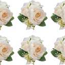 Champagne Pocket Boutonniere for Men Wedding,Set of 6,Groom Groomsman Boutonnieres Artificial Rose Hydrangea Berry Corsage for Prom Ceremony Party Homecoming