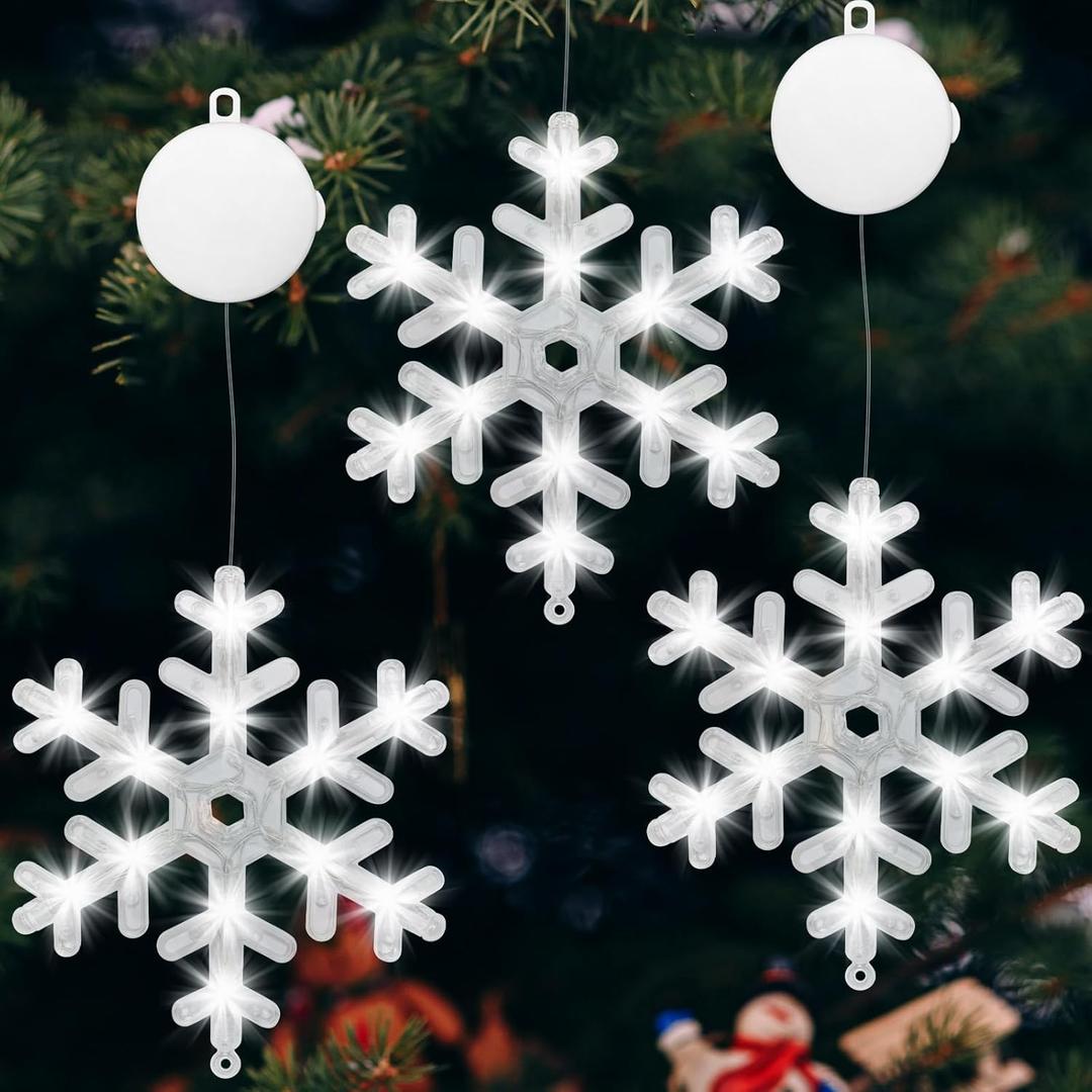 GAOJIETXD1 3 PCS Christmas Window Lights, Snowflake Hanging Lights with Timer Flashing Modes, Indoor Outdoor Xmas Decor for Home Party