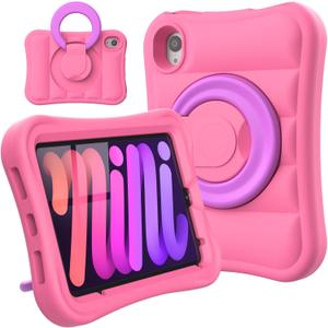 Kids Case for iPad mini 7 (A17 Pro) 2024 / Mini 6th Gen 2021 8.3 inch  Lightweight Flexible Shockproof Rotating Stand Handle Rugged Cover for iPad mini 7th 6 Generation Girls Boys, Pink