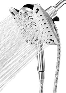 Shower Head with Handheld High Pressure, Rain Shower Head with Fixed Showerhead and 9 Sprays Handheld Shower, Detachable 2-IN-1 Shower head with 59" Rotatable Stainless Steel Hose (Brushed Chrome)