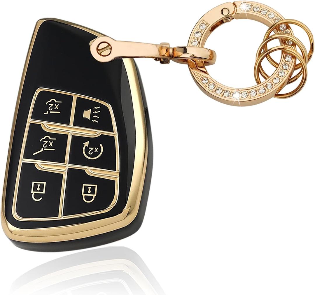6 Button TPU Key Fob Cover with Bling Ring, Compatible with 2021 2022 2023 2024 2025 GMC Yukon Denali Sierra, Fit for Chevy Silverado Suburban Tahoe Buick, Black