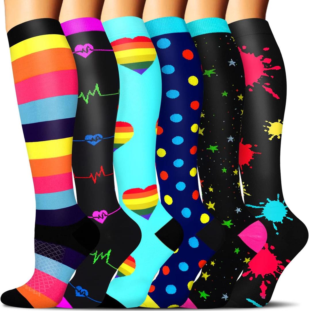 SunFeeling 6 Pairs Compression Socks for Women & Men Circulation - Best Support for Nurses,Running,Athletic,Sports (Large-X-Large)