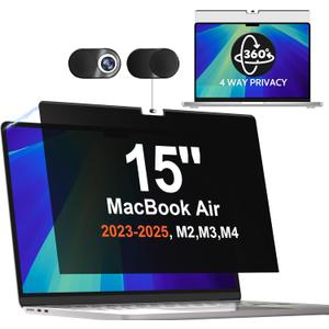360 Magnetic Privacy Screen for Macbook Air 15 Inch (2023-2025, M2, M3, M4)), Removable Anti Glare Blue Light Filter, 4 Way Anti Spy Black Protector for Mac Air 15In Laptop Computer