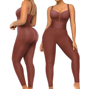 SHAPELLX Jumpsuits for Women Tummy Control One Piece Outfit Yoga Athletic Rompers Sleeveless Bodycon Shapewear (Brown), XL