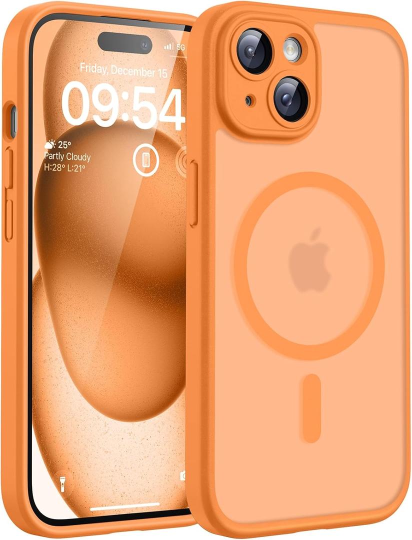 TOCOL Magnetic for iPhone 14 Case, Upgraded Full Camera Protection, Compatible with Magsafe, 15FT Drop Protection, Translucent Matte Back Phone Cover 6.1 inch (Orange)