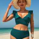 ZAFUL Women High Waisted Bikini Sets Two Piece Tie Back Ruffle Swimsuit Cross Cutout Ruched Bathing Suit 2025 Green,XL