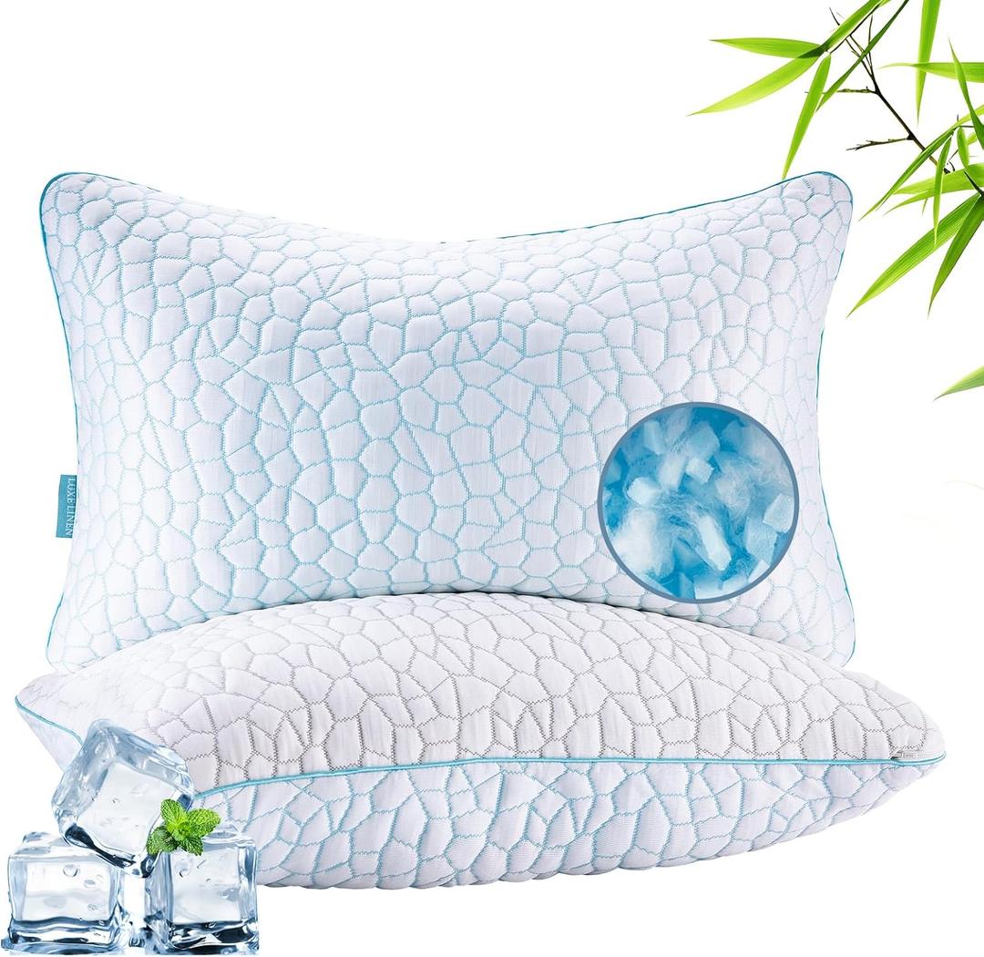 Reversible Soft & Cooling Bed Pillow for Sleeping Set of 2, Queen Cozy Bamboo Rayon Pillow for Side, Back & Stomach Sleepers, PE Cooling Adjustable Shredded Memory Foam Pillows 20"*30"