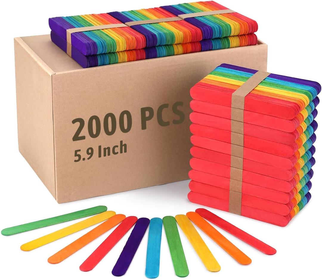 WISYOK 2000 Jumbo Rainbow Popsicle Sticks - 6 Inch Wooden Rainbow Craft Sticks, Great for DIY Craft Creative Designs and Children Education, Home Art Projects