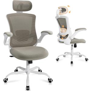 Ergonomic Office Chair with Adjustable Lumbar Support & Headrest, High Back Mesh Desk Chair with Flip-Up Armrests, Breathable & Comfortable Computer Chair for Home, Office & Study, Khaki