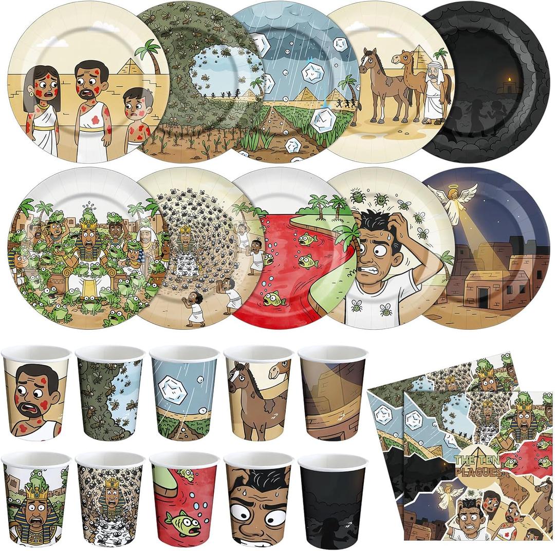 CHENGU 150 Pcs Passover Seder 10 Plagues Paper Tableware Set 50 Plates 50 Cups 50 Napkins 10 Classic Monster Designs Egyptian Ten Plagues for Passover Celebrations Scary Movie Night Serving 50 Guests